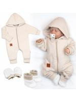 Bavlnený oteplený overálok s kapucňou, rukavičky, topánky, 3D sada Nature - sv. béžový