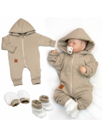 Bavlnený oteplený overálok s kapucňou, rukavičky, topánky, 3D sada Nature - taupe, vel. 62