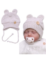 Pletená čiapka s uškami na zaväzovanie Made with Love, bežový melírok, veľ. 80/86