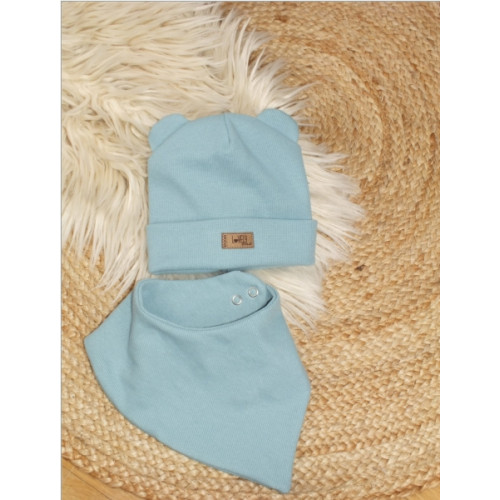 Dvojvrstvová rebrovaná čiapočka s uškami + šatka, Lovely One, morská modrá