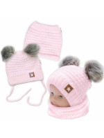Zimná pletená čiapka Star s fleecom a chlpáčkové brmbolce + komínček 2D sada, ružová