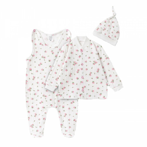 Bavlnená 3D sada, dupačky s košieľkou + čiapočka, Amélia, biela/ružová, veľ. 62