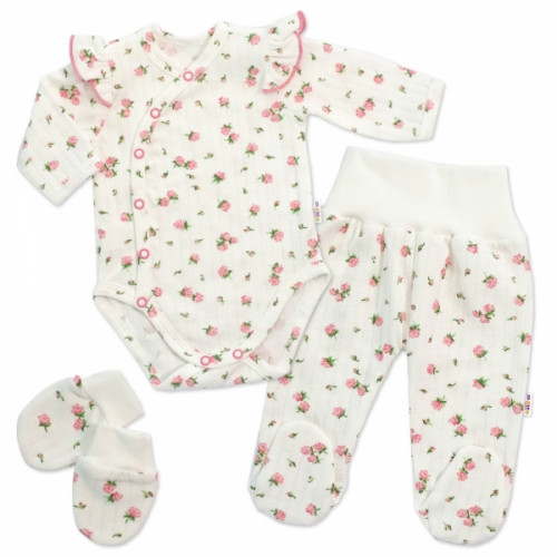 Bavlnená 3D sada, zavinovacie body, polodupačky + rukavičky, Amélia, biela/ružová