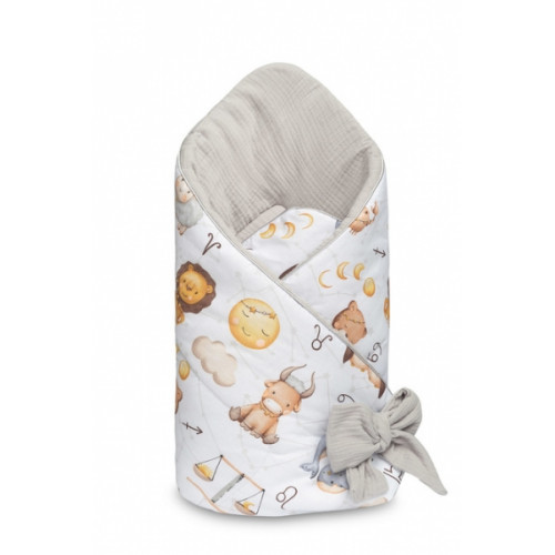 Zavinovačka pre bábätko, mušelín, bavlna - Hviezdne zvieratká - šedá, biela