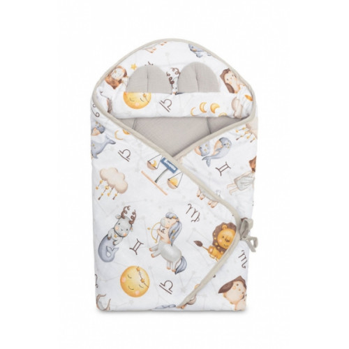 Zavinovačka 2v1 do autosedačky, kočíka, mušelín, bavlna - Hviezdne zvieratká - šedá, biela