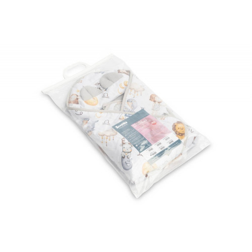 Zavinovačka 2v1 do autosedačky, kočíka, mušelín, bavlna - Hviezdne zvieratká - šedá, biela