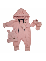 Oteplený detský overal bez šľapiek s kapucňou, čiapočka + topánočky, 3D, koralova