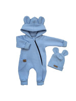 Oteplený detský overal bez šľapiek s kapucní + čiapočka, 2D, modrý, veľ. 74