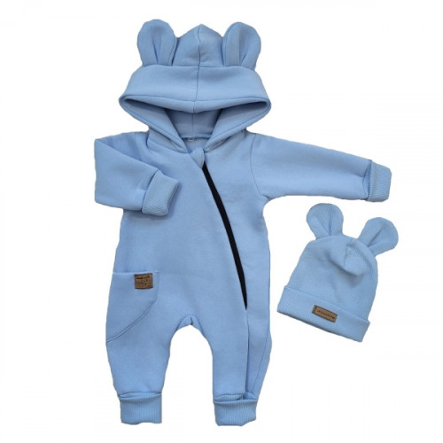 Oteplený detský overal bez šľapiek s kapucní + čiapočka, 2D, modrý, veľ. 74