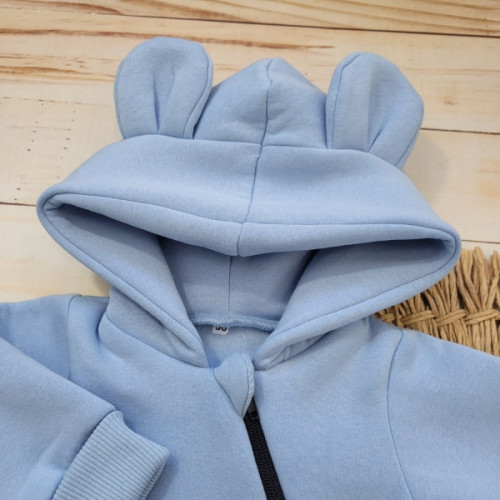 Oteplený detský overal bez šľapiek s kapucní + čiapočka, 2D, modrý, veľ. 74