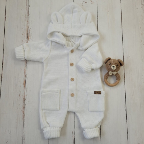 Detský pletený overálok s odopínacou kapucňou - kokosovo biely,  80/86