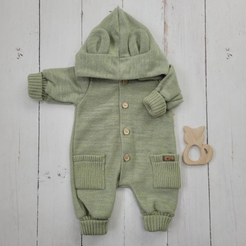 Detský pletený overálok s odopínacou kapucňou - olivový, 68/74