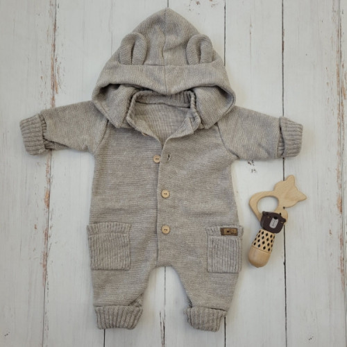 Detský pletený overálok s odopínacou kapucňou - orieškový, 68/74