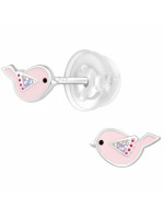 Detské strieborné náušničky premium Vtáčik ružový, puzetové