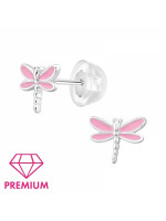 Detské strieborné náušničky Vážka, premium, puzetové silikón