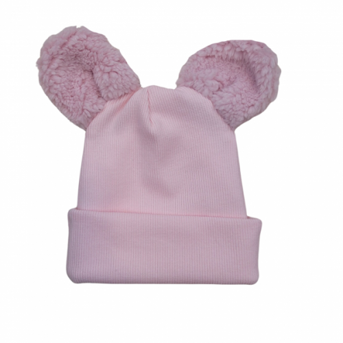Dvojvrstvová rebrovaná čiapočka s uškami medvedík - růžová
