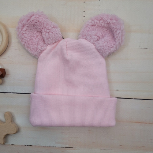 Dvojvrstvová rebrovaná čiapočka s uškami medvedík - růžová