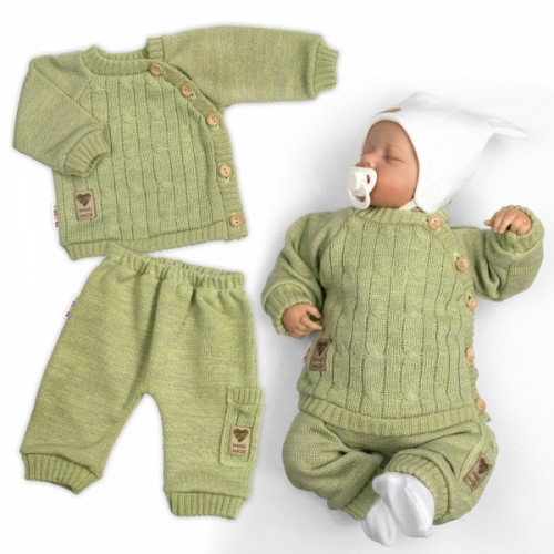 Rastúci pletený svetrík a nohavice s vreckom Hand Made 2D, Nature - olivová, 68/74