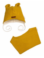 Pletená čiapka s bavlnenou podšívkou a šatkou 2v1, Teddy Hand made - horčicová, 68/74