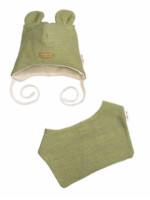 Pletená čiapka s bavlnenou podšívkou a šatkou 2v1, Teddy Hand made - oliva, 80/86