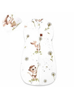 Spací vak, zavinovačka + čiapočka, LUX SOFT, bavlna 2v1, Kocúrik a púpava - biela