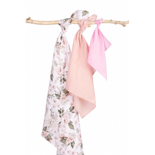 Mušelínové plienky 3 ks - sada rôznych veľkostí - Kvety ružové