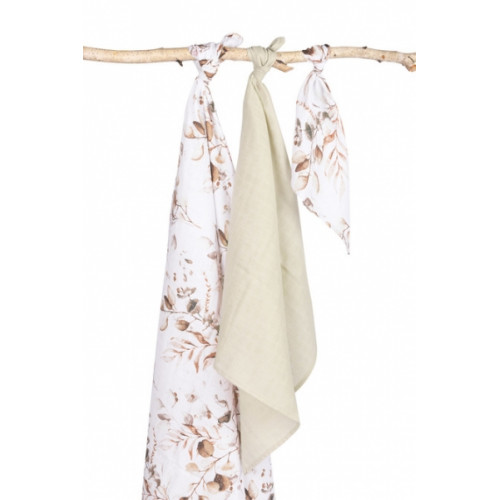 Mušelínové plienky 3 ks - sada rôznych veľkostí - Kvietky, listočky