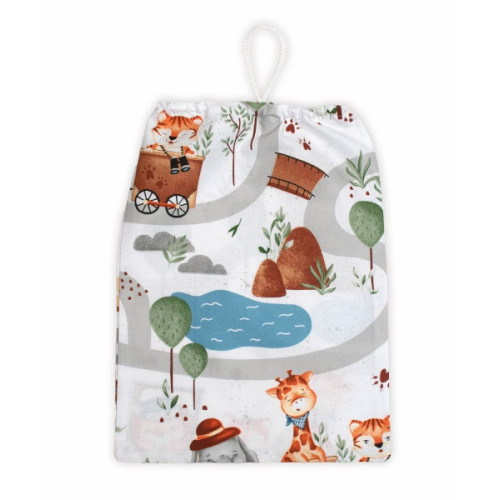 Vrecko na prezuvky 40x32cm, bavlna, ZOO vo vlaku, biela s potlačou