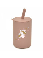 Silikónový hrnček so slamkou Jednorožec, 150 ml - púdrový