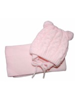 BABY NELLYS Zimná pletená čiapočka s šálom TEDDY s brmbolcami - sv. ružová, vel. 62/68
