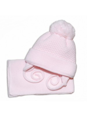 BABY NELLYS Zimná čiapočka so šálom - ružová s veľkou bambuľkou