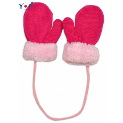 YO! Zimné detské rukavice s kožušinou - šnúrkou YO - malinová/ružová kožušina, 98/104
