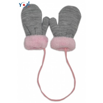 YO! Zimné detské rukavice s kožušinou - šnúrkou YO - sivá/ružová kožušina, 98/104