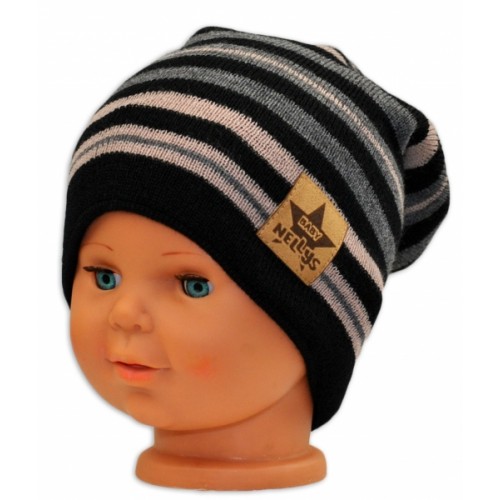 BABY NELLYS Jarná/jesenná prúžkovaná čiapka - čierná/béžová/grafit