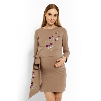Be MaaMaa Elegantné tehotenské šaty, tunika s výšivkou a stuhou - cappuccino (dojčiace)