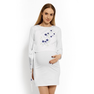 Be MaaMaa Elegantné tehotenské šaty, tunika s výšivkou a stuhou - biele (dojčiace)