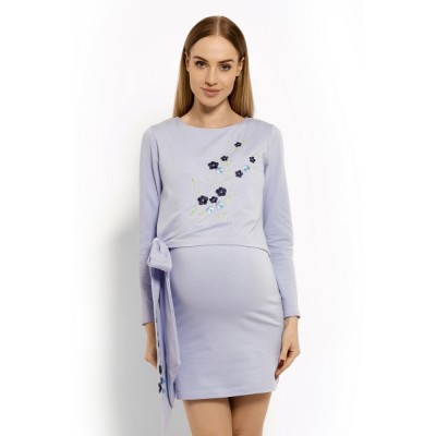 Be MaaMaa Elegantné tehotenské šaty, tunika s výšivkou a stuhou - jasno modré (dojčiace)