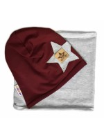 Baby Nellys Bavlnená sada čiapočka a nákrčník Nelly Star - bordo s sivu, vel. 116