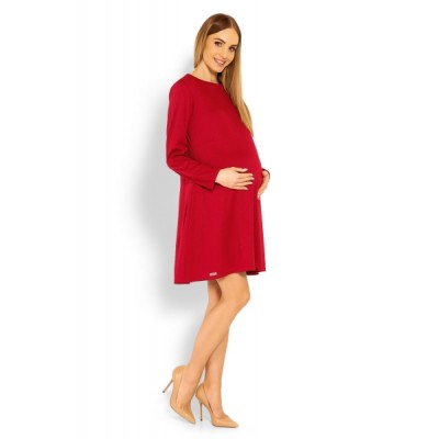Be MaaMaa Elegantné voľné tehotenské šaty dl. rukáv - bordo,červené, XXL