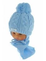 BABY NELLYS Zimná pletená čiapočka s šálom Baby Bear - modrá s brmbolcami