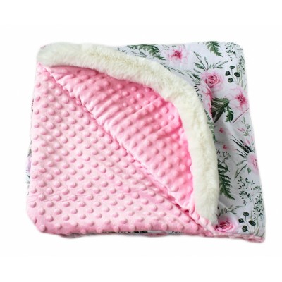 Baby Nellys Bavlnená obojstranná dečka 3v1 s minky a kožušinkou, 90x90 cm, kvetinky pink