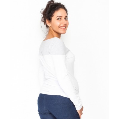 Be MaaMaa Tehotenské tričko / blúzka dlhý rukáv Anna, veľ. XL - bílé/sivý melír