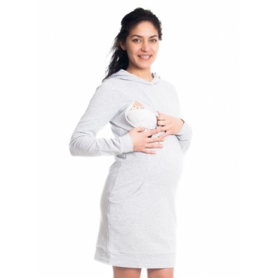 Be MaaMaa Tehotenské / dojčiace šaty Anais s kapucňou, dlhý rukáv - sv. sivé, veľ. XL